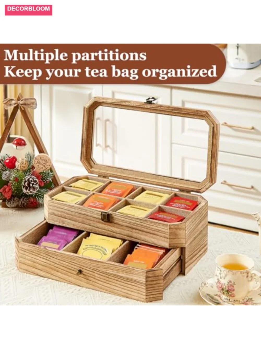 Solid Wood 2 Layer Tea Bag Organizer with Drawer Acrylic Window